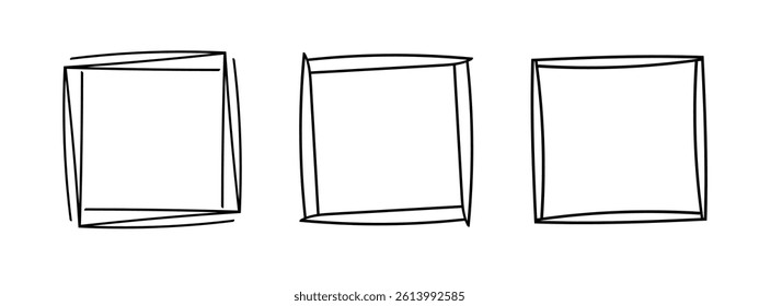 Square doodle frames, hand-drawn wavy curly monograms. Edgings and cadres with simple sketchy scribble swirl design elements. Isolated. Vector illustration.