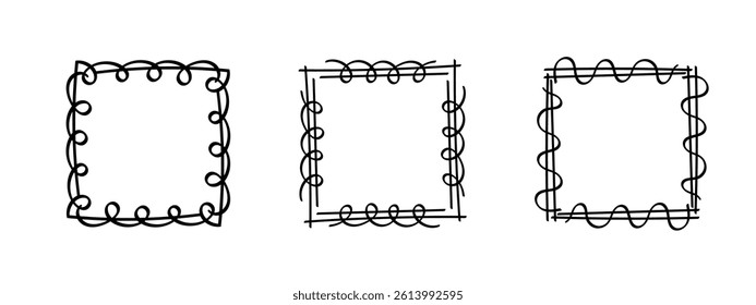 Square doodle frames, hand-drawn wavy curly monograms. Edgings and cadres with simple sketchy scribble swirl design elements. Isolated. Vector illustration.