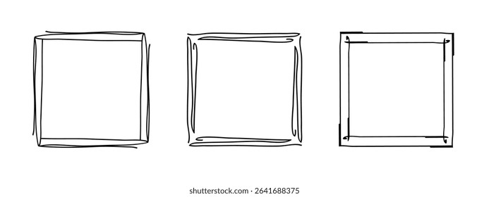 Square doodle frames set, hand-drawn wavy curly monograms. Edgings and stamp cadres with simple sketchy scribble swirl design elements. Isolated. Vector illustration.