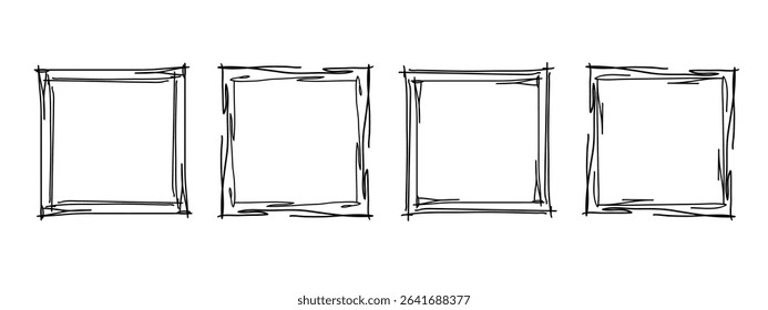 Square doodle frames set, hand-drawn wavy curly monograms. Edgings and stamp cadres with simple sketchy scribble swirl design elements. Isolated. Vector illustration.