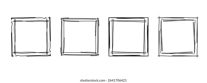 Square doodle frames set, hand-drawn wavy curly monograms. Edgings and stamp cadres with simple sketchy scribble swirl design elements. Isolated. Vector illustration.