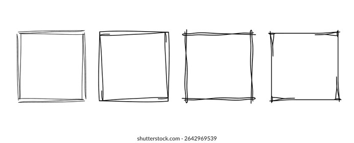 Square doodle frames set, hand-drawn wavy curly monograms. Edgings and stamp cadres with simple sketchy scribble swirl design elements. Isolated. Vector illustration.