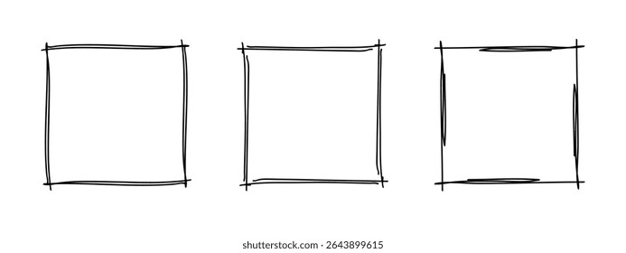 Quadros de doodle quadrado definido, desenhado à mão ondulado ondulado curly monogramas. Bordas e quadros de carimbo com elementos de design de espiral simples esboço. Isolado. Ilustração vetorial.