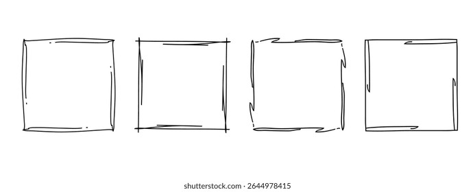 Square doodle frames set, hand-drawn wavy curly monograms. Edgings and stamp cadres with simple sketchy scribble swirl design elements. Isolated. Vector illustration.