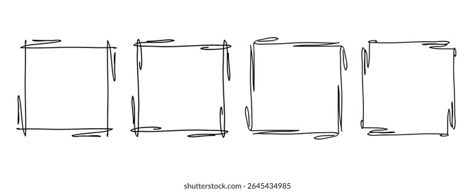 Square doodle frames set, hand-drawn wavy curly monograms. Edgings and stamp cadres with simple sketchy scribble swirl design elements. Isolated. Vector illustration.