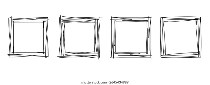 Square doodle frames set, hand-drawn wavy curly monograms. Edgings and stamp cadres with simple sketchy scribble swirl design elements. Isolated. Vector illustration.