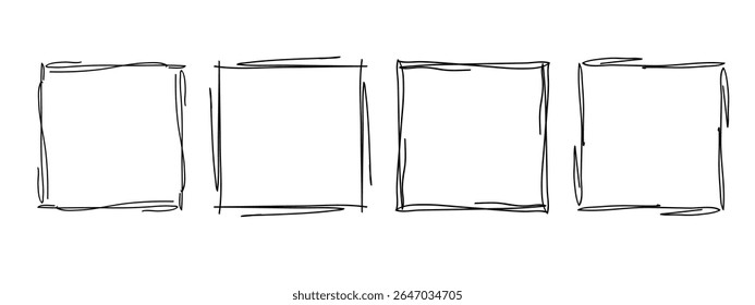 Square doodle frames set, hand-drawn wavy curly monograms. Edgings and stamp cadres with simple sketchy scribble swirl design elements. Isolated. Vector illustration.