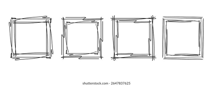 Square doodle frames set, hand-drawn wavy curly monograms. Edgings and stamp cadres with simple sketchy scribble swirl design elements. Isolated. Vector illustration.