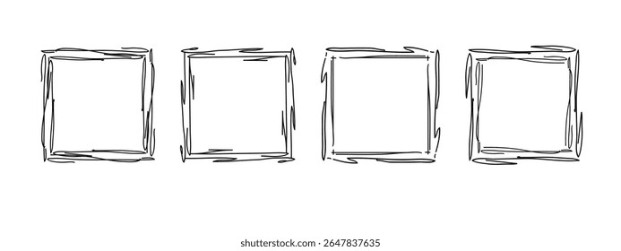 Quadros de doodle quadrado definido, desenhado à mão ondulado ondulado curly monogramas. Bordas e quadros de carimbo com elementos de design de espiral simples esboço. Isolado. Ilustração vetorial.