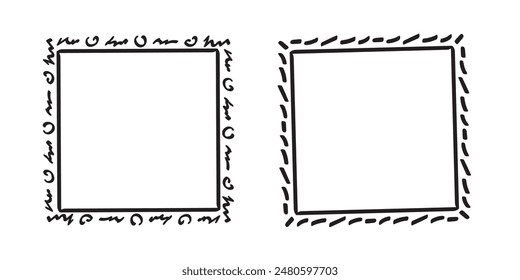 Square doodle frames,hand-drawn monograms.Edgings and cadres with simple sketchy design elements.Isolated. Vector illustration.