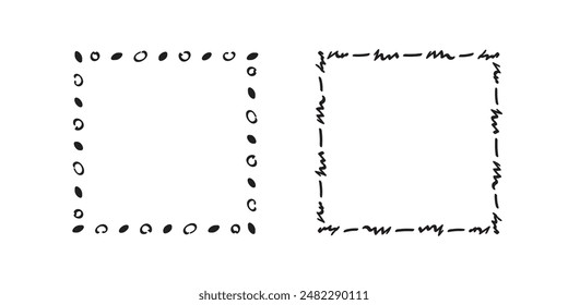 Square doodle frames,hand-drawn monograms.Edgings and cadres with simple sketchy design elements.Isolated. Vector illustration.