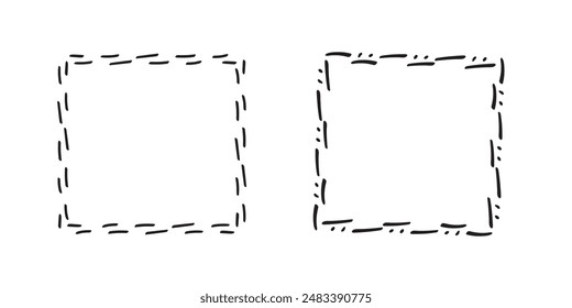 Quadratische Doodle-Rahmen, handgezeichnete Monogramme. Kanten und Kader mit einfachen skizzenhaften Design-Elementen. Vektorillustration.