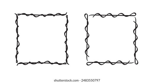Quadratische Doodle-Rahmen, handgezeichnete Monogramme. Kanten und Kader mit einfachen skizzenhaften Design-Elementen. Vektorillustration.
