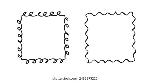 Quadratische Doodle-Rahmen, handgezeichnete Monogramme. Kanten und Kader mit einfachen skizzenhaften Design-Elementen. Vektorillustration.