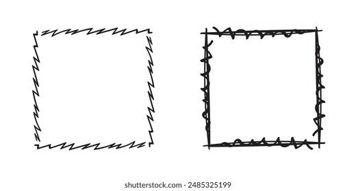 Quadratische Doodle-Rahmen, handgezeichnete Monogramme. Kanten und Kader mit einfachen skizzenhaften Design-Elementen. Vektorillustration.