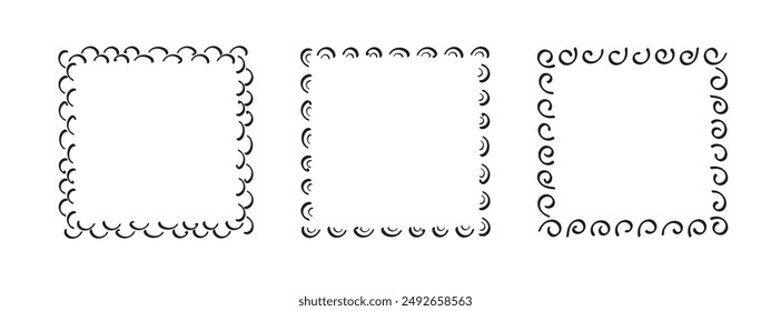 Quadratische Doodle-Rahmen, handgezeichnete Monogramme. Kanten und Kader mit einfachen skizzenhaften Design-Elementen. Vektorillustration.