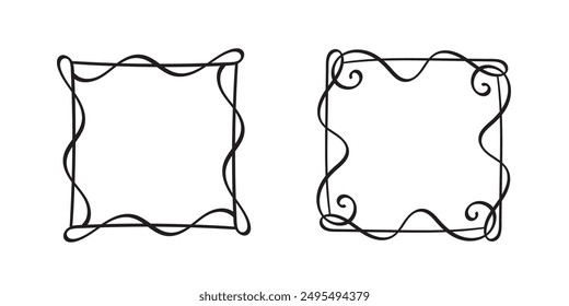 Quadratische Doodle-Rahmen, handgezeichnete Monogramme. Kanten und Kader mit einfachen skizzenhaften Design-Elementen. Vektorillustration.