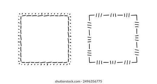 Quadratische Doodle-Rahmen, handgezeichnete Monogramme.Kanten und Kader mit einfachen skizzenhaften Designelementen.Einzeln. Vektorgrafik.