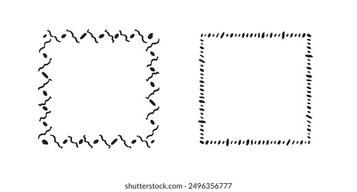 Quadratische Doodle-Rahmen, handgezeichnete Monogramme.Kanten und Kader mit einfachen skizzenhaften Designelementen.Einzeln. Vektorgrafik.