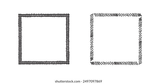 Quadratische Doodle-Rahmen, handgezeichnete Monogramme.Kanten und Kader mit einfachen skizzenhaften Designelementen.Einzeln. Vektorgrafik.