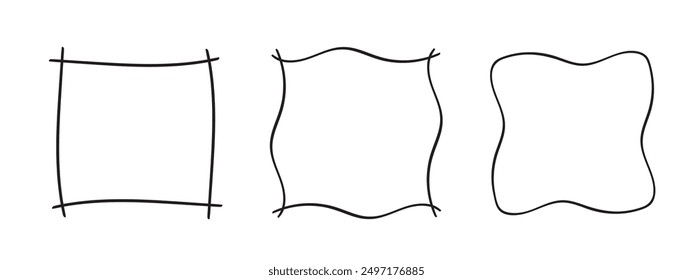 Quadratische Doodle-Rahmen, handgezeichnete Monogramme.Kanten und Kader mit einfachen skizzenhaften Designelementen.Einzeln. Vektorgrafik.