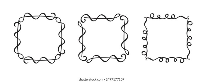 Quadratische Doodle-Rahmen, handgezeichnete Monogramme.Kanten und Kader mit einfachen skizzenhaften Designelementen.Einzeln. Vektorgrafik.