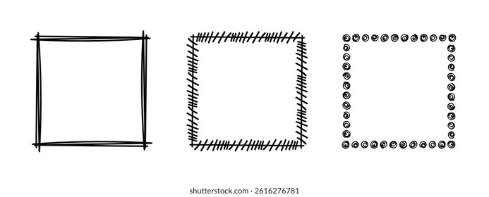 Square doodle stamp frames, hand-drawn wavy curly monograms. Edgings and cadres with simple sketchy scribble swirl design elements. Isolated. Vector illustration.