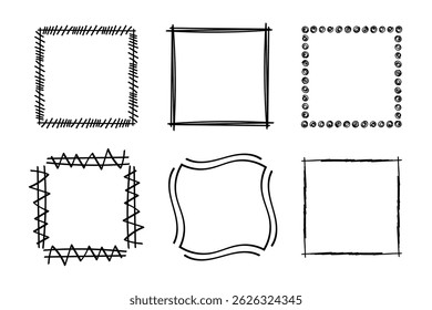 Square doodle stamp frames, hand-drawn wavy curly monograms. Edgings and cadres with simple sketchy scribble swirl design elements. Isolated. Vector illustration.