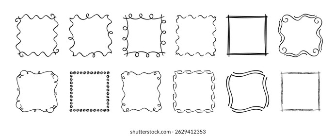 Square doodle stamp frames, hand-drawn wavy curly monograms. Edgings and cadres with simple sketchy scribble swirl design elements. Isolated. Vector illustration.