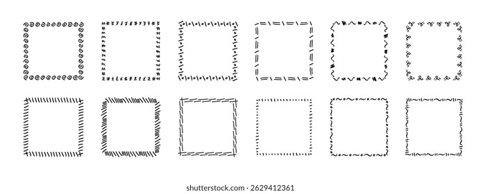 Quadros de carimbo de rabiscar quadrado, monogramas ondulados ondulados feitos à mão. Bordas e quadros com elementos de design simples esboço em espiral. Isolado. Ilustração vetorial.