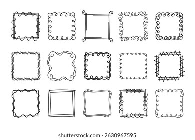 Square doodle stamp frames, hand-drawn wavy curly monograms. Edgings and cadres with simple sketchy scribble swirl design elements. Isolated. Vector illustration.