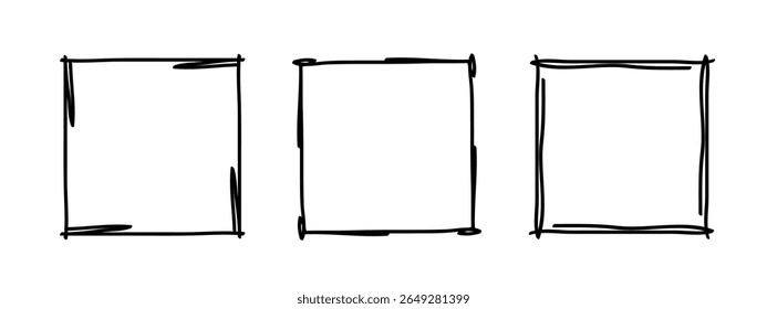 Square doodle stamp frames, hand-drawn wavy curly monograms. Edgings and cadres with simple sketchy scribble swirl design elements. Isolated. Vector illustration.
