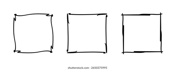 Quadros de carimbo de rabiscar quadrado, monogramas ondulados ondulados feitos à mão. Bordas e quadros com elementos de design simples esboço em espiral. Isolado. Ilustração vetorial.