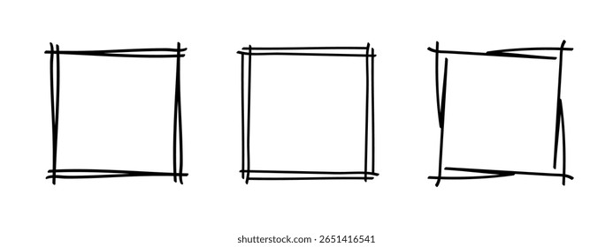 Square doodle stamp frames, hand-drawn wavy curly monograms. Edgings and cadres with simple sketchy scribble swirl design elements. Isolated. Vector illustration.