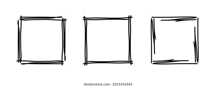 Quadros de carimbo de rabiscar quadrado, monogramas ondulados ondulados feitos à mão. Bordas e quadros com elementos de design simples esboço em espiral. Isolado. Ilustração vetorial.