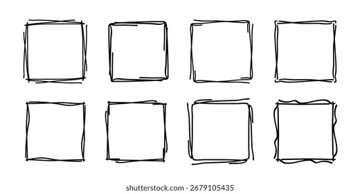 Quadros de carimbo de rabiscar quadrado, monogramas ondulados ondulados feitos à mão. Bordas e quadros com elementos de design simples esboço em espiral. Isolado. Ilustração vetorial.