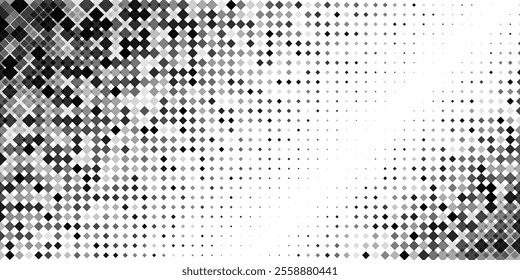 Square dot dissolve pattern background. Diamond pixel primitive liquid matrix. Geometric fade cyber vector abstract gradient. Optical blob texture digital grid. Shape connect disperse halftone mosaic