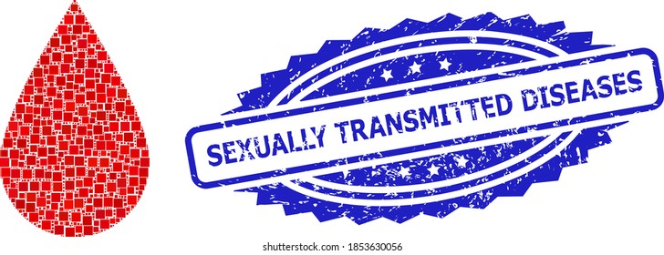Caída de sangre de mosaico cuadrado de puntos y impresión de sello de goma de ENFERMEDADES TRANSMITIDAS SEXUALMENTE. El sello azul incluye la leyenda ENFERMEDADES TRANSMITIDAS SEXUALMENTE dentro de la roseta.