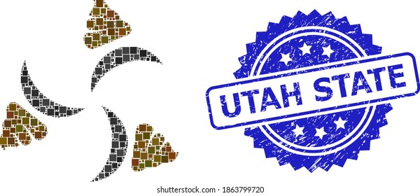 Square dot mosaic shit fan and UTAH STATE unclean stamp print. Blue stamp contains UTAH STATE tag inside rosette. Vector shit fan mosaic is designed of random square dots.