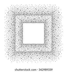 Square dots frame with empty space for your text. Background made of spots or blobs of various size. Square shape. Black and white abstract template. Double frame.