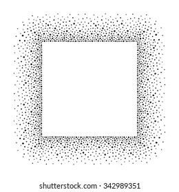 Square dots frame with empty space for your text. Background made of spots or blobs of various size. Square shape. Black and white abstract template.