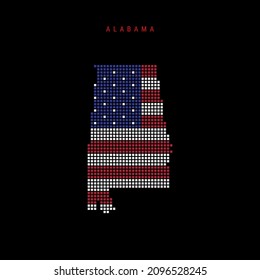 Square dots pattern map of Alabama. Dotted pixel map with american national flag colors isolated on black background. Vector illustration.