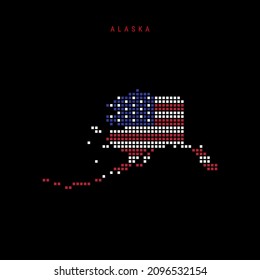 Square dots pattern map of Alaska. Dotted pixel map with american national flag colors isolated on black background. Vector illustration.