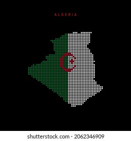 Square dots pattern map of Algeria. Dotted pixel map with national flag colors isolated on black background. Vector illustration.