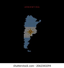 Square dots pattern map of Argentina. Dotted pixel map with national flag colors isolated on black background. Vector illustration.