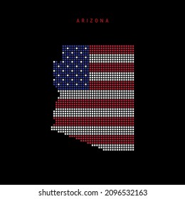 Square dots pattern map of Arizona. Dotted pixel map with american national flag colors isolated on black background. Vector illustration.