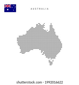 Square dots pattern map of Australia. Australian dotted pixel map with national flag isolated on white background. Vector illustration.