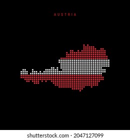 Square dots pattern map of Austria. Dotted pixel map with national flag colors isolated on black background. Vector illustration.