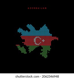 Square dots pattern map of Azerbaijan. Dotted pixel map with national flag colors isolated on black background. Vector illustration.