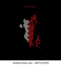 Square dots pattern map of Bahrain. Dotted pixel map with national flag colors isolated on black background. Vector illustration.